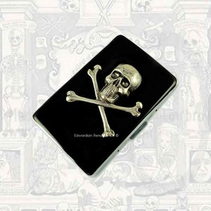 Metall Zigarettenetui Silber Totenkopf und Kreuzknochen eingelegt in handbemalt Glänzend Schwarz Emaille Steampunk Metall Portemonnaie Neo Victorian