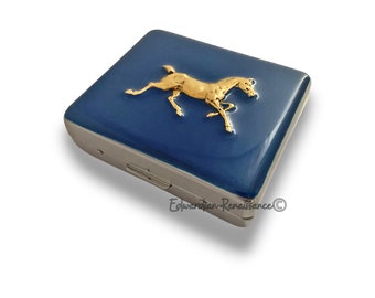 Gold Horse Pill Box: Hand Painted Navy Enamel, Art Deco Inspired