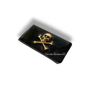 Antique Gold Skull and Crossbones Money Clip Inlaid in Glossy Black Enamel Gothic Victorian Inspired with Personalized and Color Options
