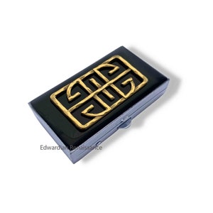 Art Deco Pill Box: Hand Painted Black Enamel, Chinoiserie Style