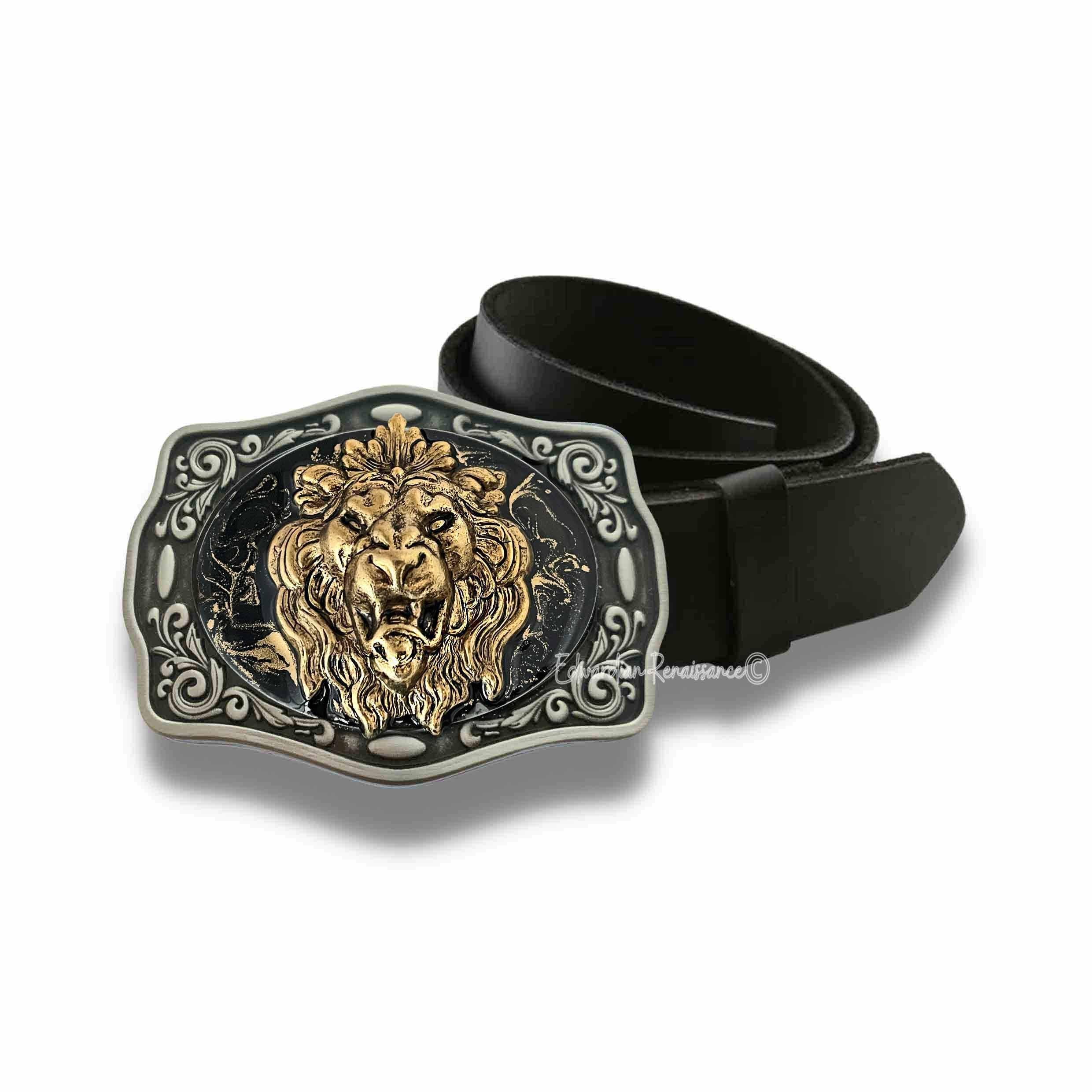 Antique Gold Lions Head Belt Buckle Inlaid in Black with Gold Swirl Enamel Medieval Goth Leo Buckle with Color Options