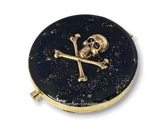 Antique Gold Skull and Crossbones Compact Mirror in Hand Painted Black Gold Splash Enamel Gothic Design with Color and Personalized Options