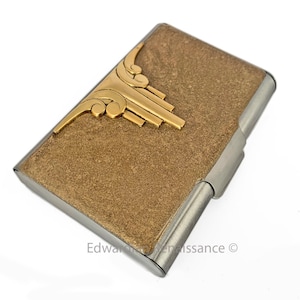 Antieke gouden Art Deco grote visitekaartjes case ingelegd in metallic goud emaille geometrisch ontwerp met kleur en gepersonaliseerde opties beschikbaar