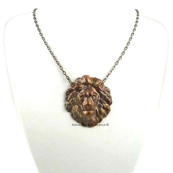 Burnished Gold Lion Head Necklace Neo Victorian Safari Jewelry Leo Charm Choose your Chain Length