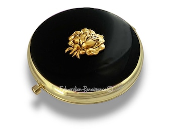 Rose Compact Mirror Inlaid in Glossy Black Enamel Art Nouveau Floral Design with Color and Personalized Options