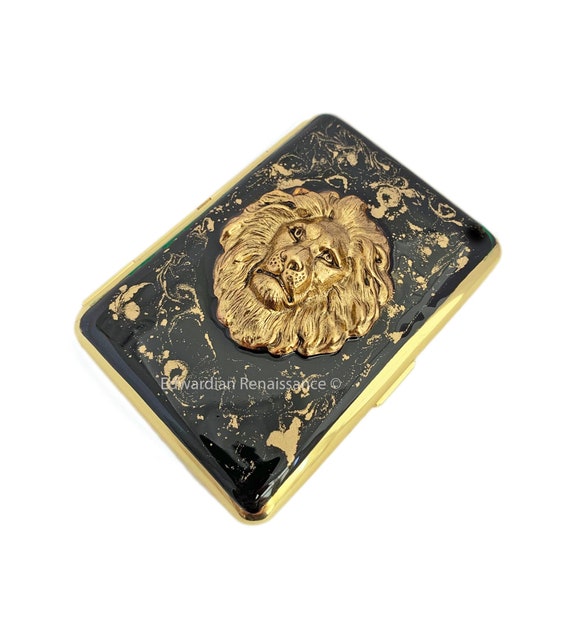 lion cigarette case Lion Head Gold Cigarette Case, Hand Painted Black Enamel, Custom Engraving