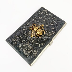 Antique Gold Bee Business Card Case: Hand-Painted Silver Swirl Enamel image 10