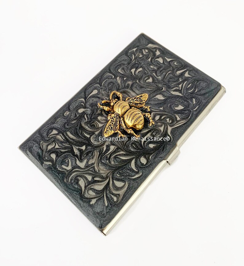 Antique Gold Bee Business Card Case: Hand-Painted Silver Swirl Enamel image 10