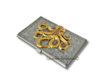 Antique Gold Octopus Business Card Case Inlaid in Hand Painted Metallic Silver Enamel Kraken with Personalized and Color Options