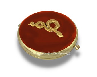 Antique Gold Serpent Compact Mirror, Ox Blood Enamel, Personalized