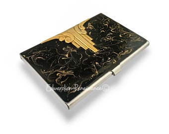 Art Deco Business Card Case Inlaid in Hand Painted Black with Gold Swirl Enamel Gatsby Style with Personalized and Color Options