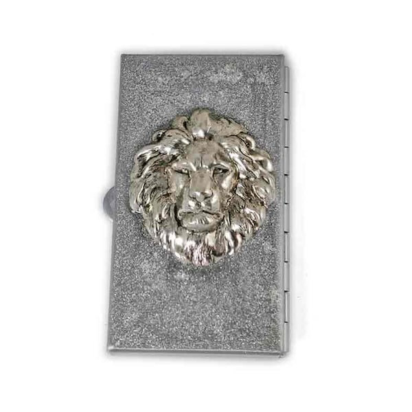 Majestic Lion Metal Pill Box Inlaid in Hand Painted Metallic Silver Enamel Neo Victorian Leo Pill Case with Personalized and Color Options
