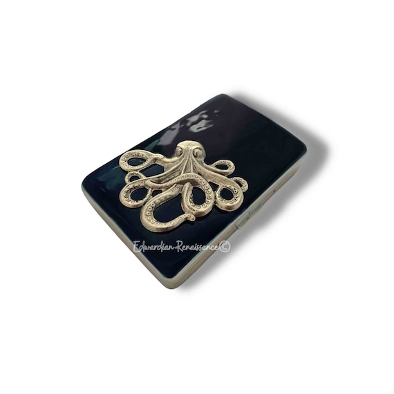 Octopus Cigarette Case, Hand Painted Enamel, Personalized Metal Wallet