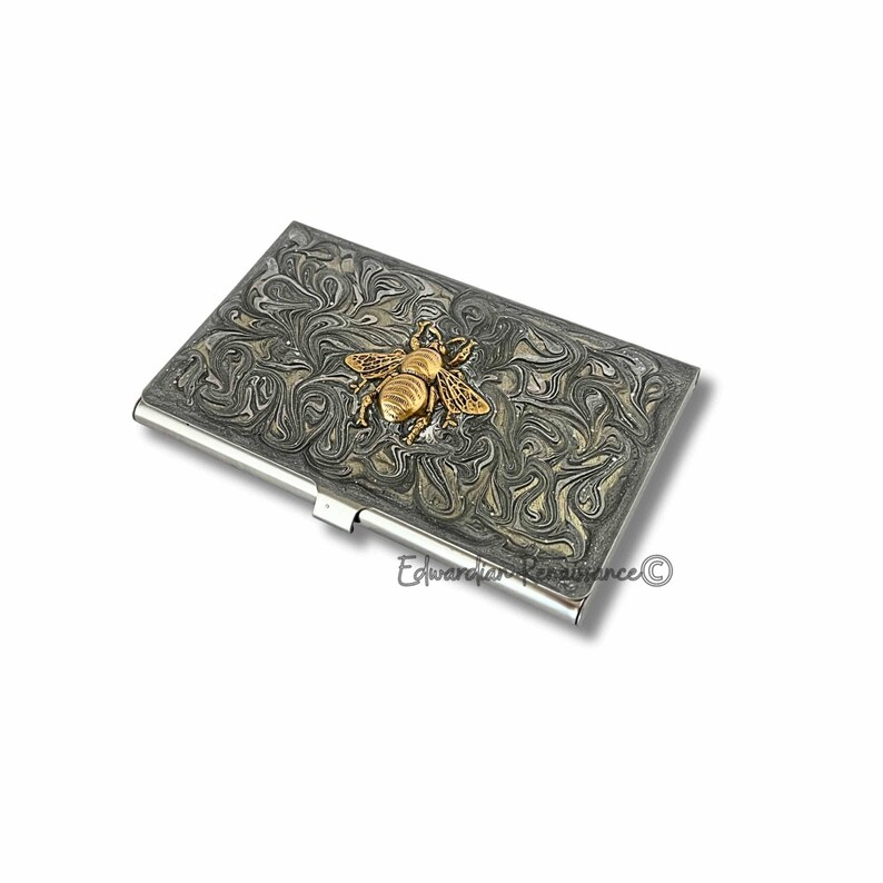 Antique Gold Bee Business Card Case: Hand-Painted Silver Swirl Enamel image 1