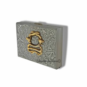Cartera de serpiente de oro antiguo en esmalte de remolino plateado pintado a mano Bloqueador RFID Caja de tarjeta de crédito Estilo vintage Opciones personalizadas y de color