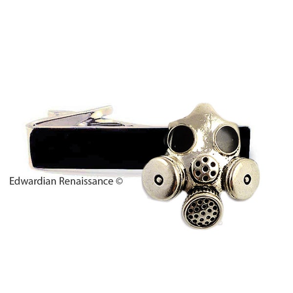 Gas Mask Tie Clip Inlaid in Hand Painted Black Onyx Enamel Victorian Industrial  Inspired