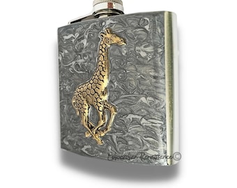 Antique Gold Giraffe Flask Inlaid in Hand Painted Glossy Enamel Vinatge Safari Inspired with Engraved and Personalized Option