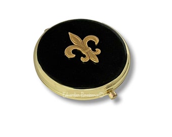 Fleur De Lis Compact Mirror Inlaid in Hand Painted Black Enamel Vintage Style Art Deco Design with Color and Personalized Options