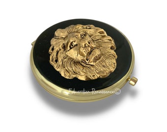 Antique Gold Lion Head Compact Mirror Inlaid in Hand Painted Black Enamel Neoclassic Leo Design with Color and Personalized Options