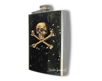 Skull and Crossbones Flask Inlaid in Hand Painted Black with Silver Splash Enamel 8oz Gothic Victorian Personalized and Color Options