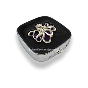 Octopus Pill Case, Inlaid in Hand Painted Glossy Black Enamel, Nautical Kraken Inspired, Personalized and Color Options Available