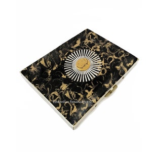 Sun and Moon Cigarette Case Inlaid in Hand Painted Glossy Black with Gold Swirl Enamel Celestial Design Personalized and Color Options