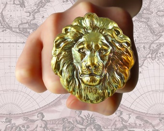 Verdigris Large Lions Head Big Ring Neo Victorian Safari Steampunk Large Leo Statement Ring with Adjustable Band