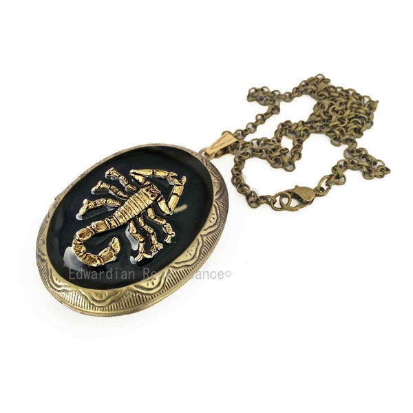 Scorpion Locket in Hand Painted Glossy Black Enamel Scorpion Zodiac Inspired Necklace with Color and Personalized Option