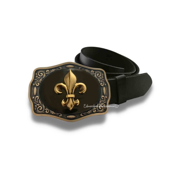 Boucle de ceinture fleur de lys en or antique incrustée dans un style déco vintage en émail noir onyx brillant peint à la main avec des options de couleur