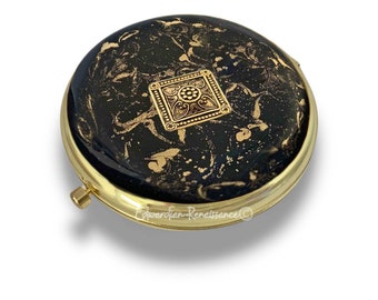 Moorish Design Compact Mirror Inlaid in Hand Painted Black Enamel with Gold Swirl Art Deco Inspired with Color and Personalized Options