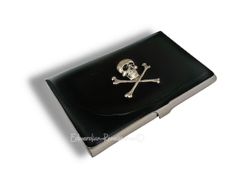 Antique Silver Skull Business Card Case: Hand Painted Goth Accessory