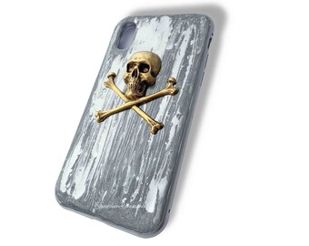 Antique Gold Skull and Crossbones IPhone or Galaxy Case Inlaid in Metallic Silver with Splash Available in Other Color Options