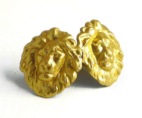Paire De Boutons De Manchette Pensionnat Anglais - Lion Et Rayures Marine Et Jaune - WM