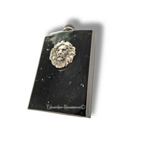 Antique Silver Lion Head Flask: Hand Painted Black Enamel, Personalized Option