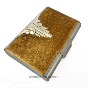 Art-deco hoesje voor grote visitekaartjes ingelegd in metallic goud geëmailleerd geometrisch ontwerp met kleur en gepersonaliseerde opties beschikbaar