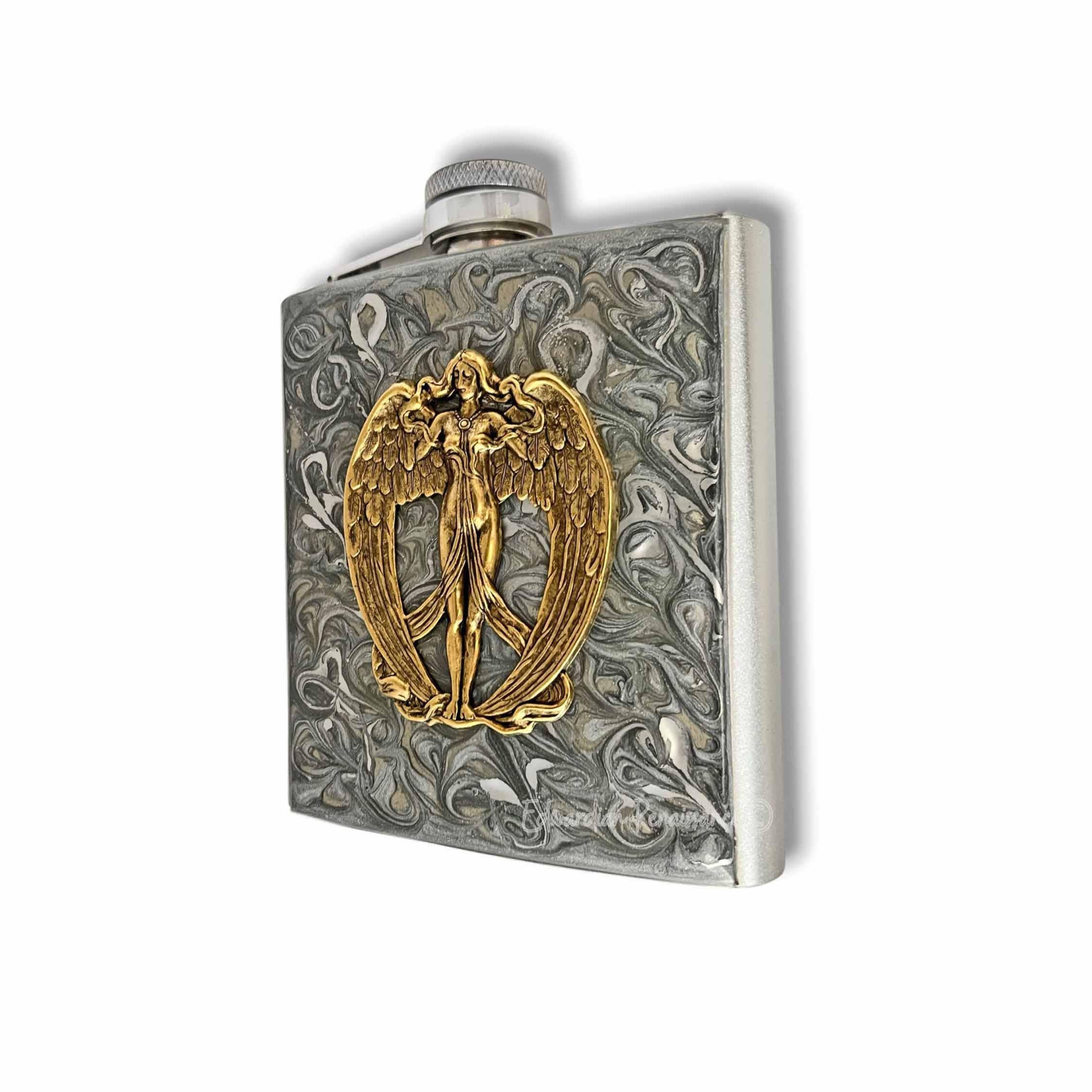 Angel Flask: Hand-Painted Silver Swirl Enamel, Custom Engraving