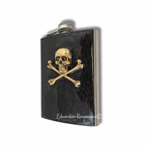 Antique Gold Skull and Crossbones Flask 8oz Gothic Victorian in Hand Painted Metallic Black Enamel with Personalized Gift and Color Options