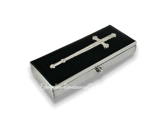 Antique Silver Sword Pill Box with 2 Large Compartments Inlaid in Glossy Black Enamel Vintage Style with Personalized and Color Options