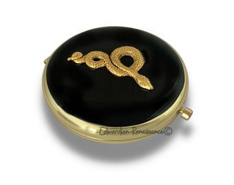 Serpent Compact Mirror in Hand Painted Glossy Black Enamel Vintage Style Snake Design with Color and Personalized Options