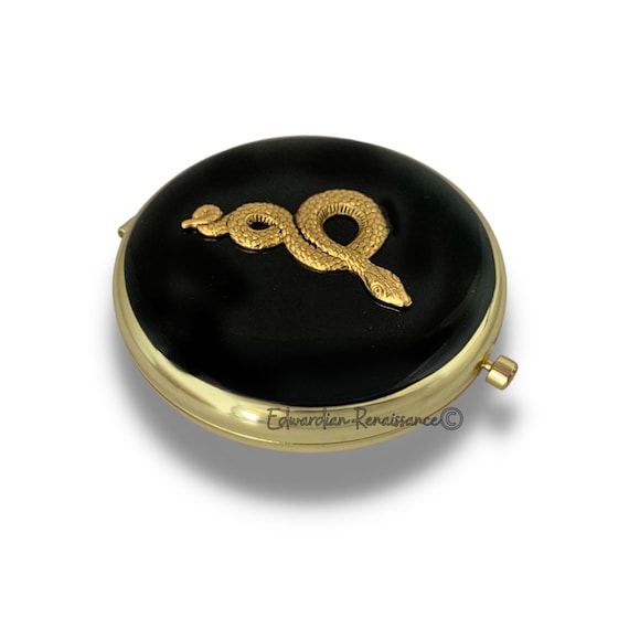 Serpent Compact Mirror in Hand Painted Glossy Black Enamel Vintage Style Snake Design With Color and Personalized Options Etsy