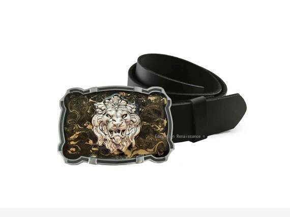 Antique Gold Lion Head Belt Buckle: Black Enamel Inlay - Etsy display picture 1