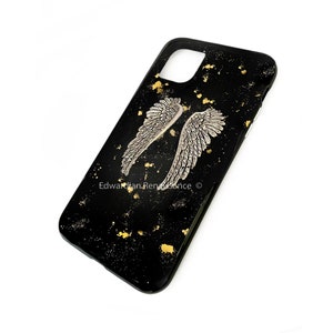 Angel Wings Phone Case for Galaxy or Iphone Embellished on Hand Painted Black with Gold Splash Enamel 360 Phone Cover with Color Options