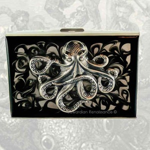 Steampunk Octopus RFID Metal Wallet Inlaid In Hand Painted Enamel Black Ink Swirl Design Nautical Kraken Colores personalizados y personalizados