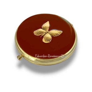 Antique Gold Butterfly Compact Mirror Inlaid in Glossy Ox Blood Enamel Art Nouveau Inspired with Color and Personalized Options