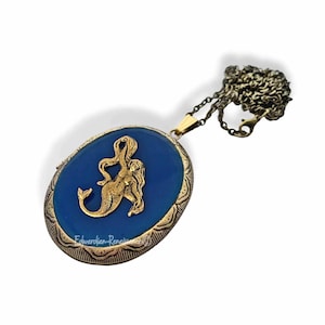 Mermaid Oval Locket Nautical Fantasy Keepsake Necklace in Hand Painted Black Enamel Sea Siren Necklace with Personalized and Color Options