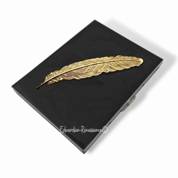 Antique Gold Feather Cigarette Case, Hand Painted Enamel, Personalized