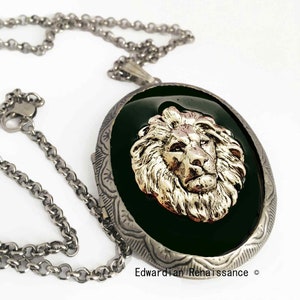 Lion Head Locket Necklace: Black Onyx Enamel Pill Box, Neoclassical Leo