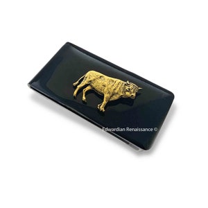 Bull Money Clip Inlaid in Hand Painted Black Enamel Taurus Zodiac Sign Money Holder Custom Colors and Personalized Options