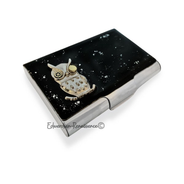 Robot Owl Business Card Case inlaid in Hand Painted Black with Silver Splash Enamel Steampunk Gear Cog Sci Fi Inspired Large Capacity Case