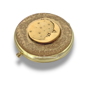 Celestial Moon and Stars Compact Mirror: Hand Painted Gold Enamel, Personalized